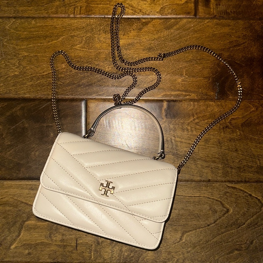 Tory Burch Mini Kira Chevron quilted leather top handle wallet on chain